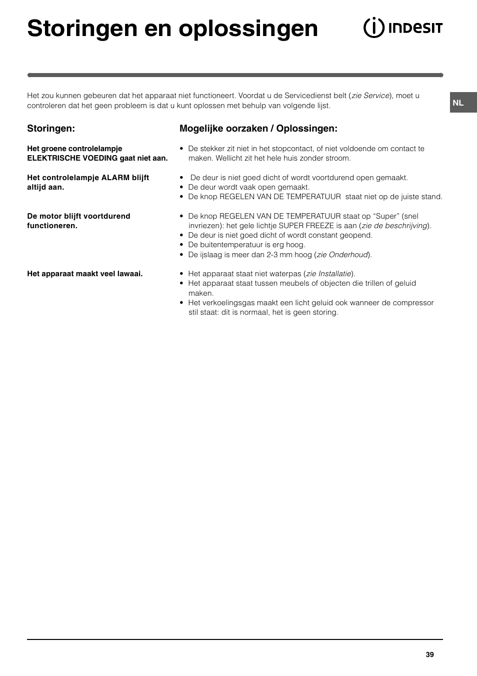 Storingen en oplossingen | Indesit UFAN400 I GB F D NL ES P User Manual | Page 39 / 56