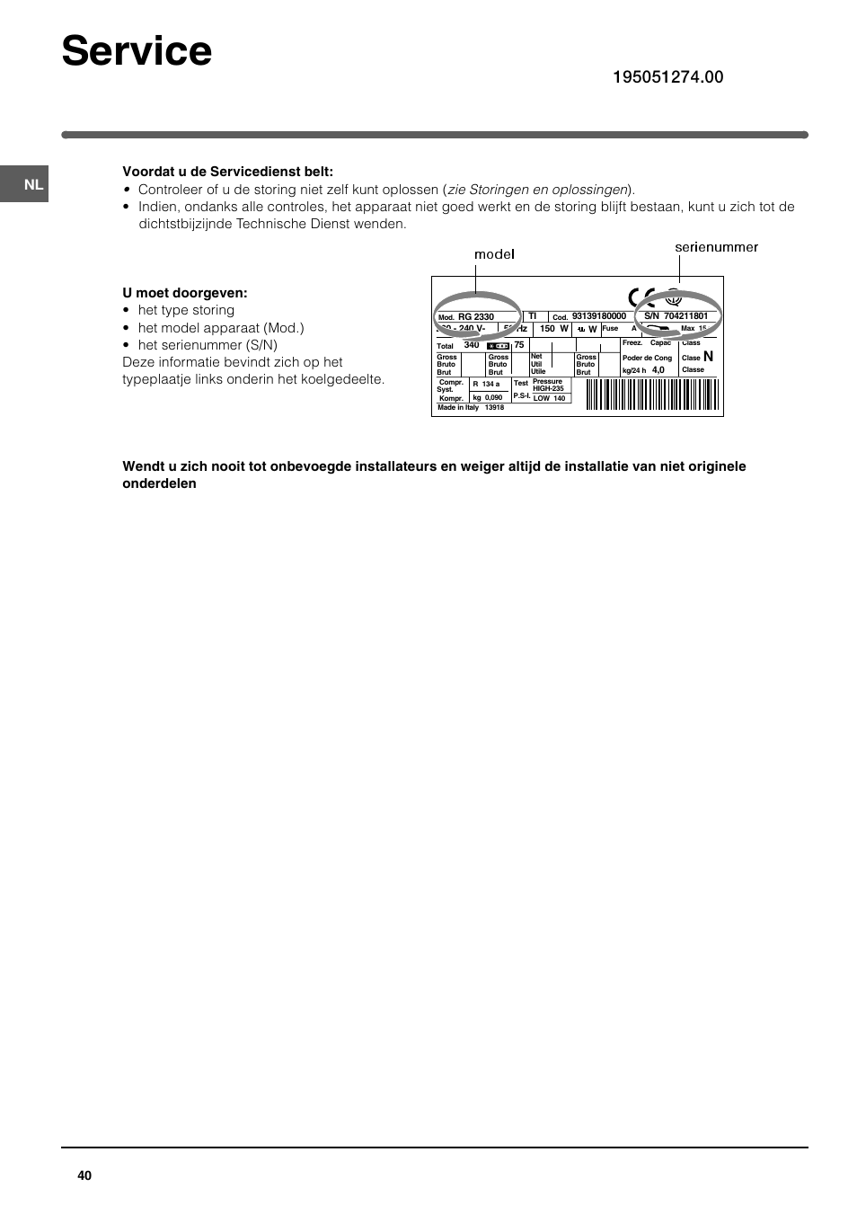 Service, Model serienummer | Indesit UFAN400 I GB F D NL ES P User Manual | Page 40 / 56
