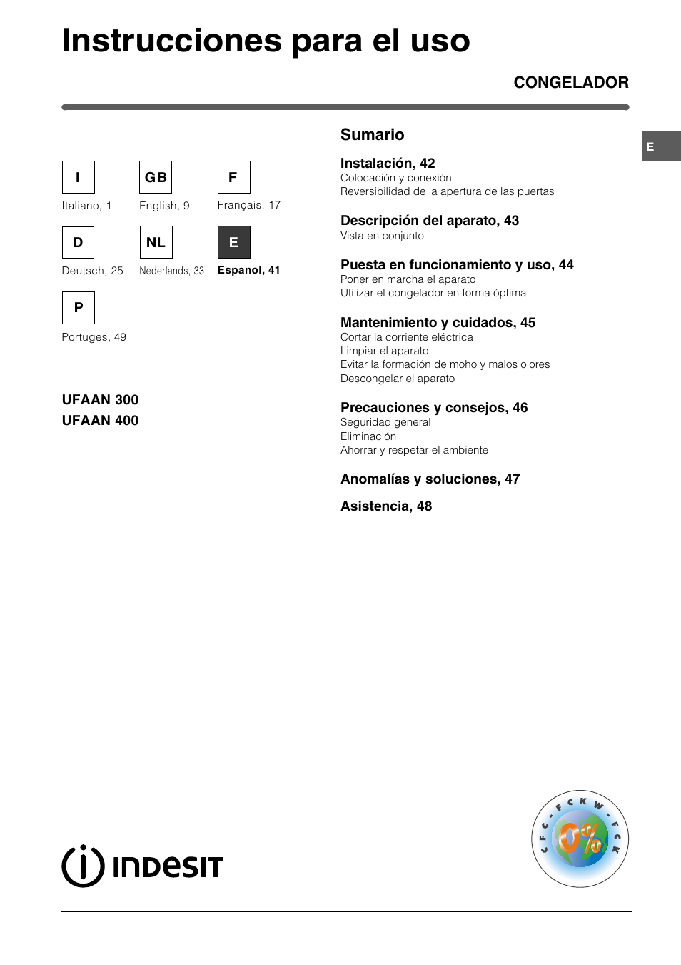 Instrucciones para el uso, Congelador sumario | Indesit UFAN400 I GB F D NL ES P User Manual | Page 41 / 56