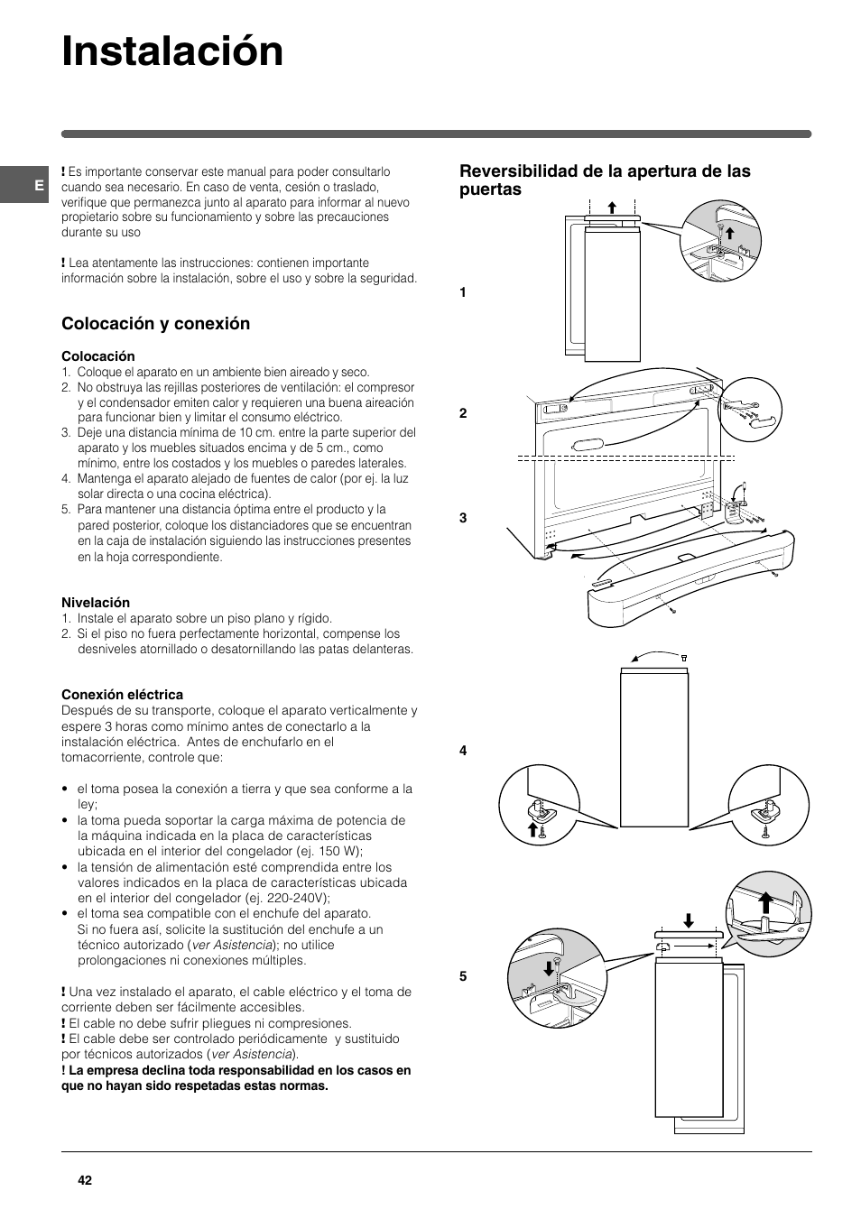 Instalación, Colocación y conexión, Reversibilidad de la apertura de las puertas | Indesit UFAN400 I GB F D NL ES P User Manual | Page 42 / 56