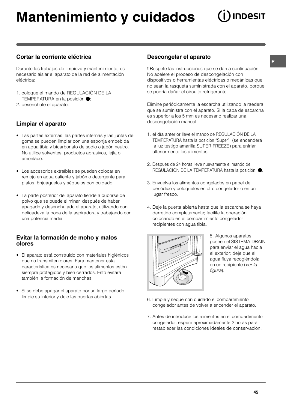 Mantenimiento y cuidados | Indesit UFAN400 I GB F D NL ES P User Manual | Page 45 / 56