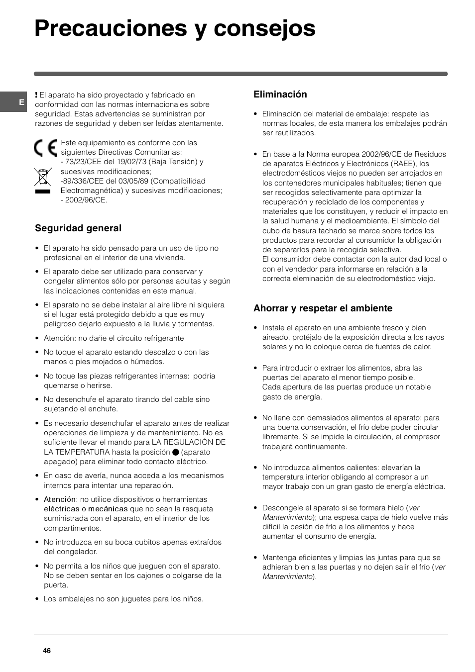 Precauciones y consejos | Indesit UFAN400 I GB F D NL ES P User Manual | Page 46 / 56