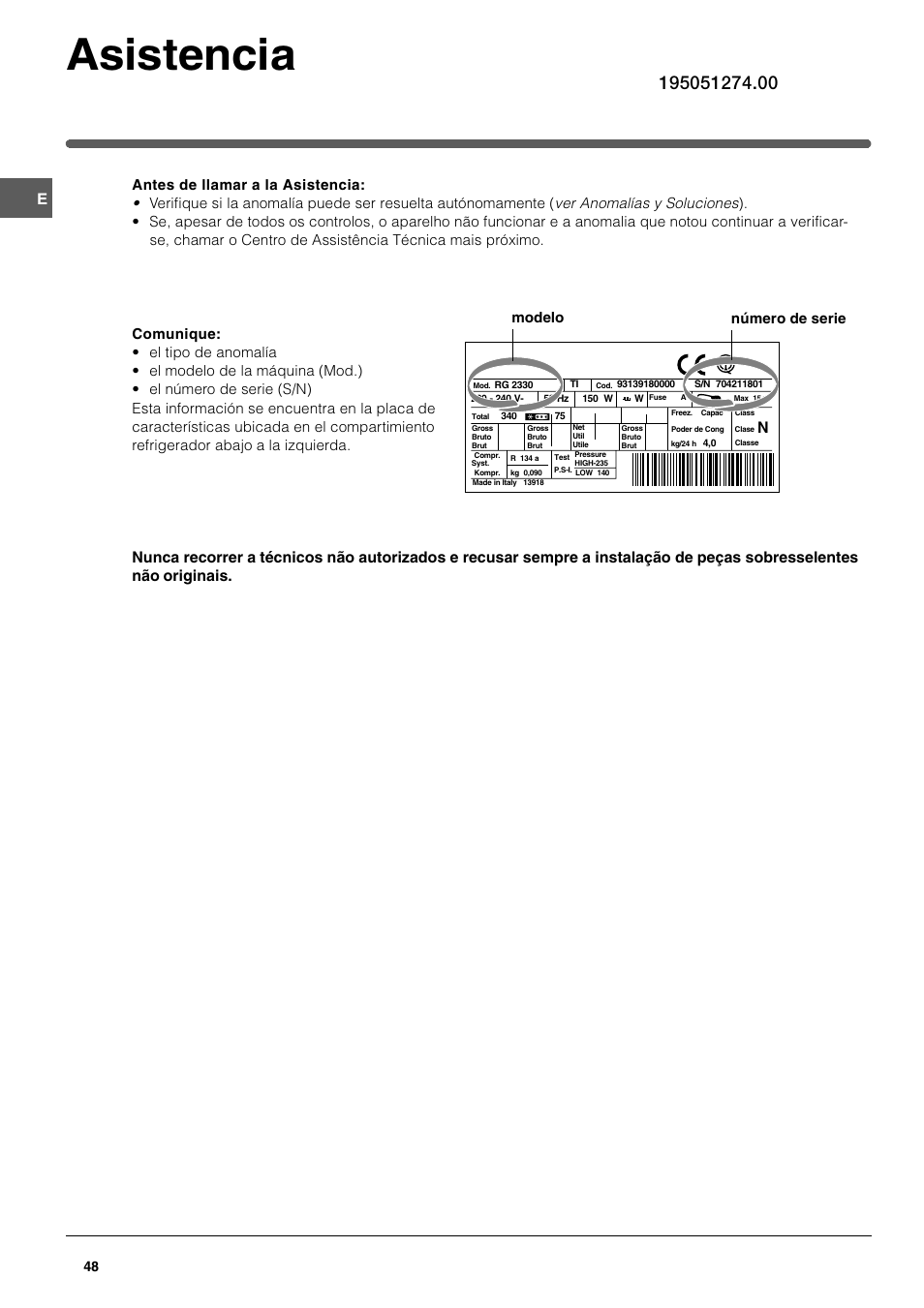 Asistencia, Modelo número de serie | Indesit UFAN400 I GB F D NL ES P User Manual | Page 48 / 56