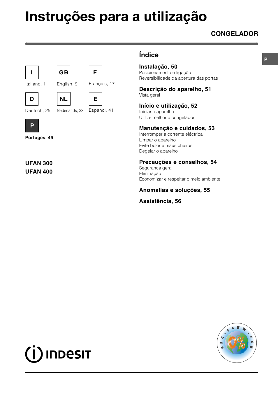 Instruções para a utilização, Congelador índice | Indesit UFAN400 I GB F D NL ES P User Manual | Page 49 / 56