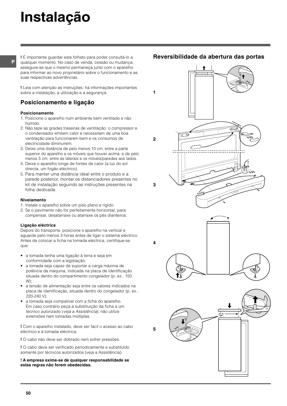 Instalação, Posicionamento e ligação, Reversibilidade da abertura das portas | Indesit UFAN400 I GB F D NL ES P User Manual | Page 50 / 56
