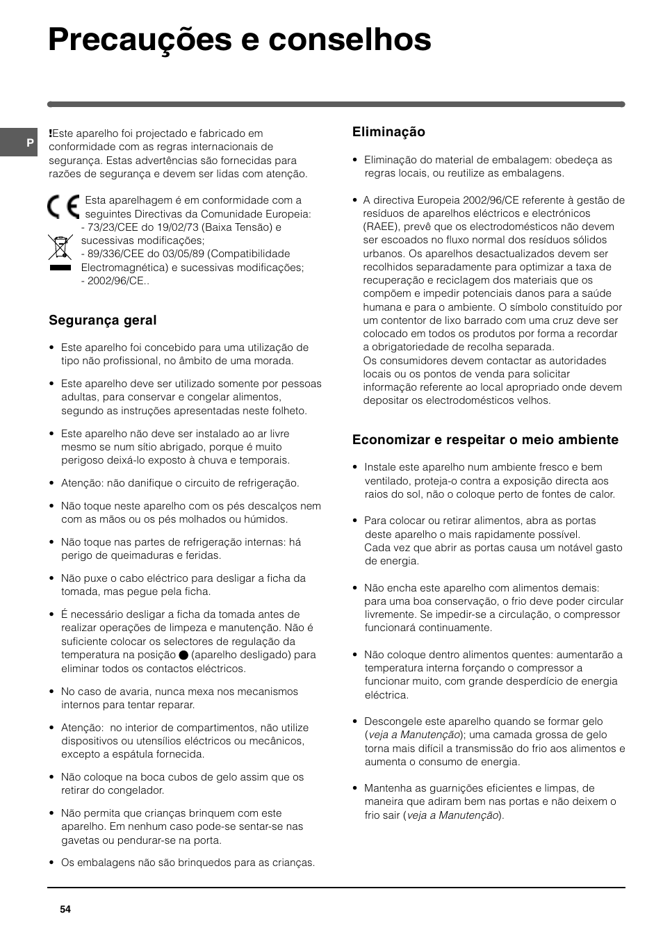 Precauções e conselhos | Indesit UFAN400 I GB F D NL ES P User Manual | Page 54 / 56