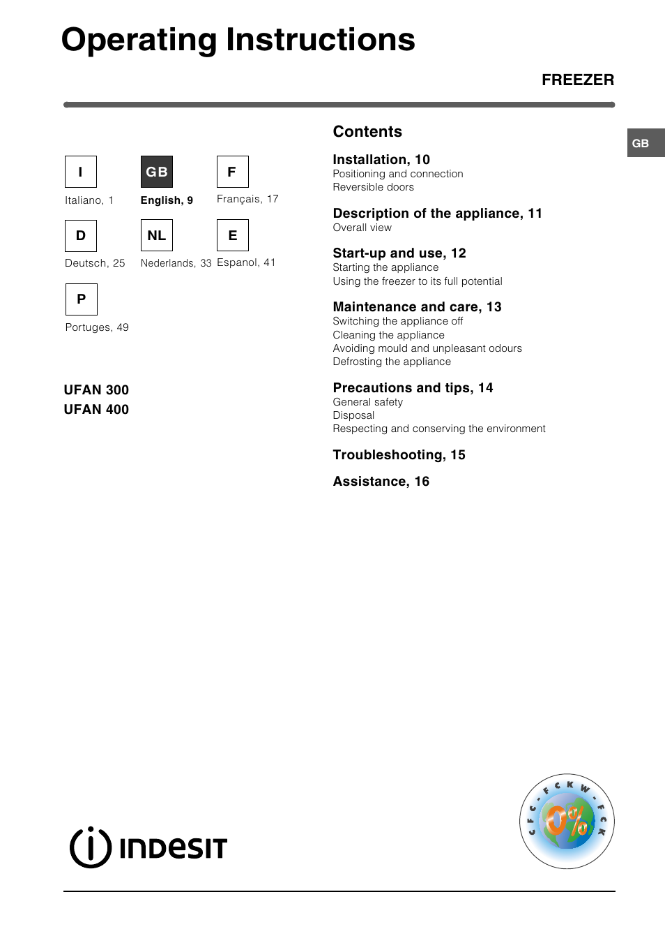 Operating instructions, Freezer contents | Indesit UFAN400 I GB F D NL ES P User Manual | Page 9 / 56