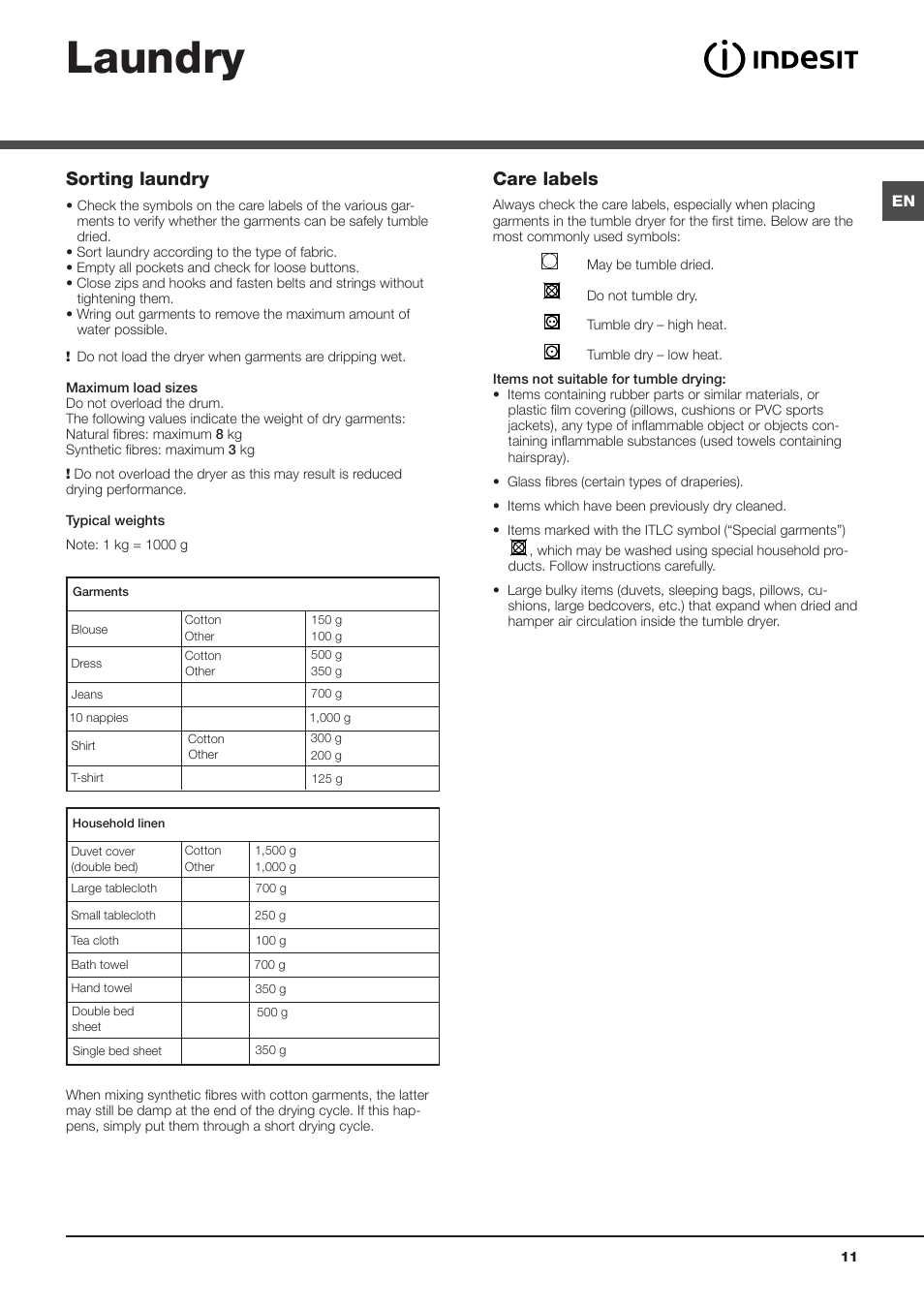Laundry, Sorting laundry, Care labels | Indesit IDCE8450BS User Manual | Page 11 / 20