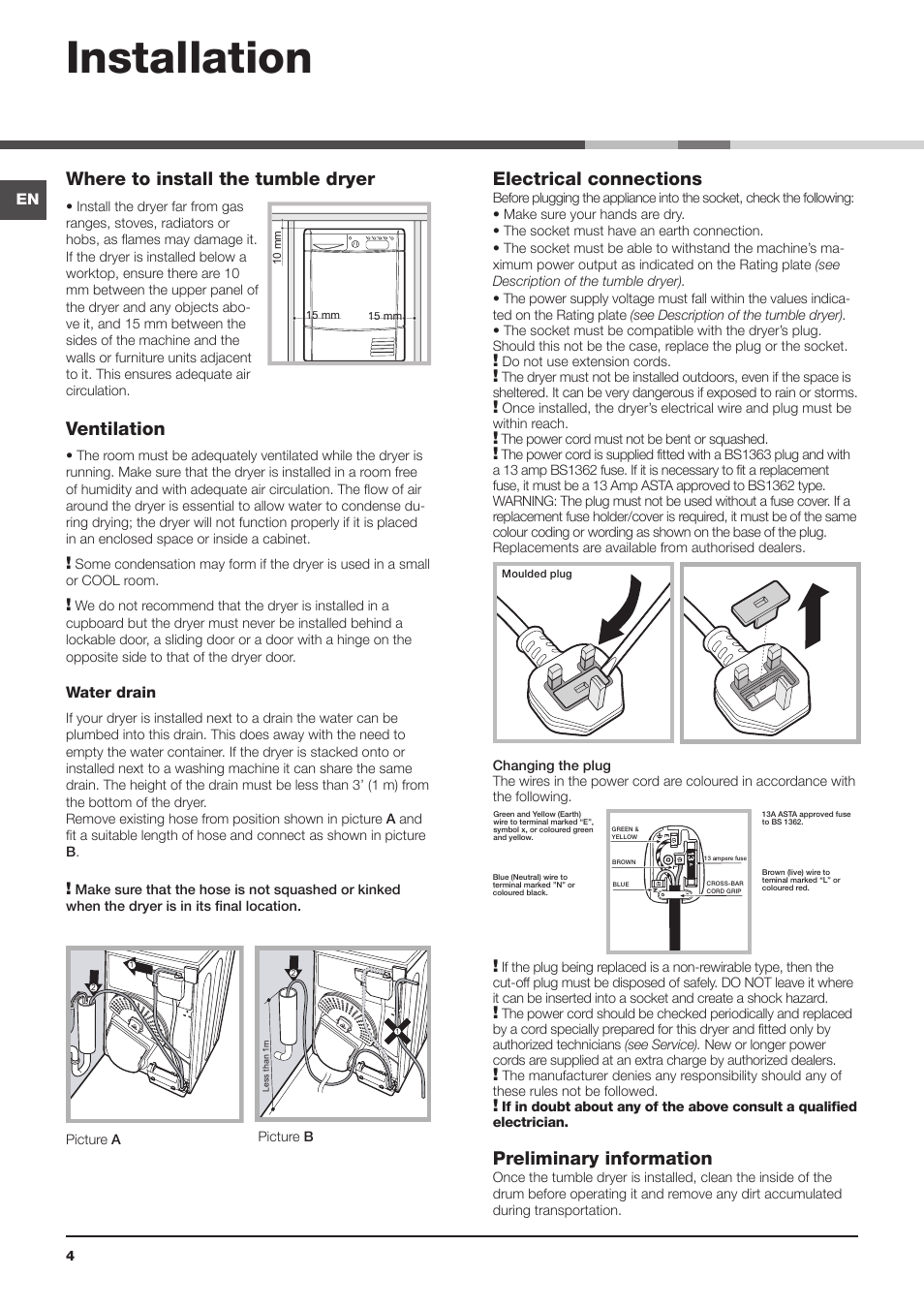 Installation, Where to install the tumble dryer, Ventilation | Electrical connections, Preliminary information | Indesit IDCE8450BS User Manual | Page 4 / 20