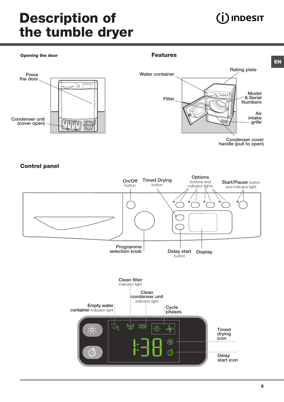 Description of the tumble dryer, Control panel features | Indesit IDCE8450BS User Manual | Page 5 / 20