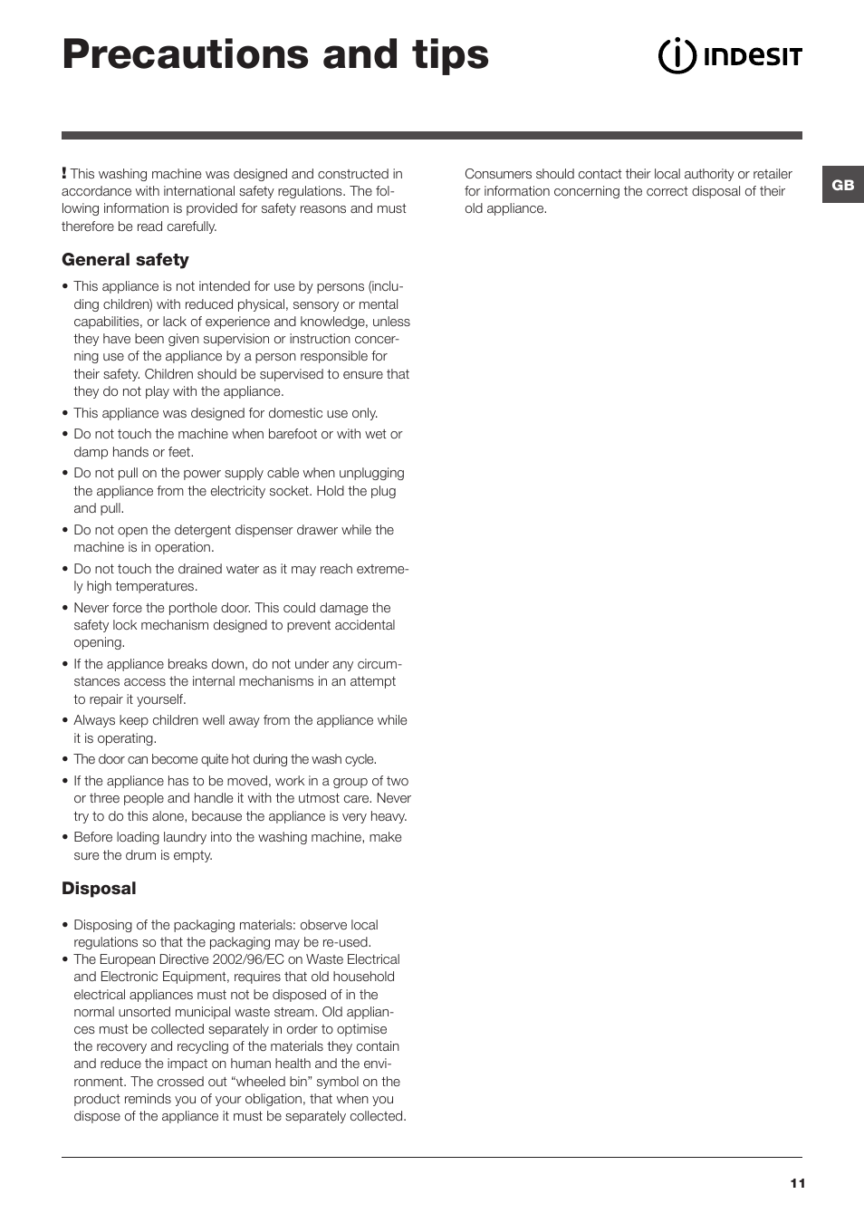 Precautions and tips | Indesit IWC6145UKE User Manual | Page 11 / 16
