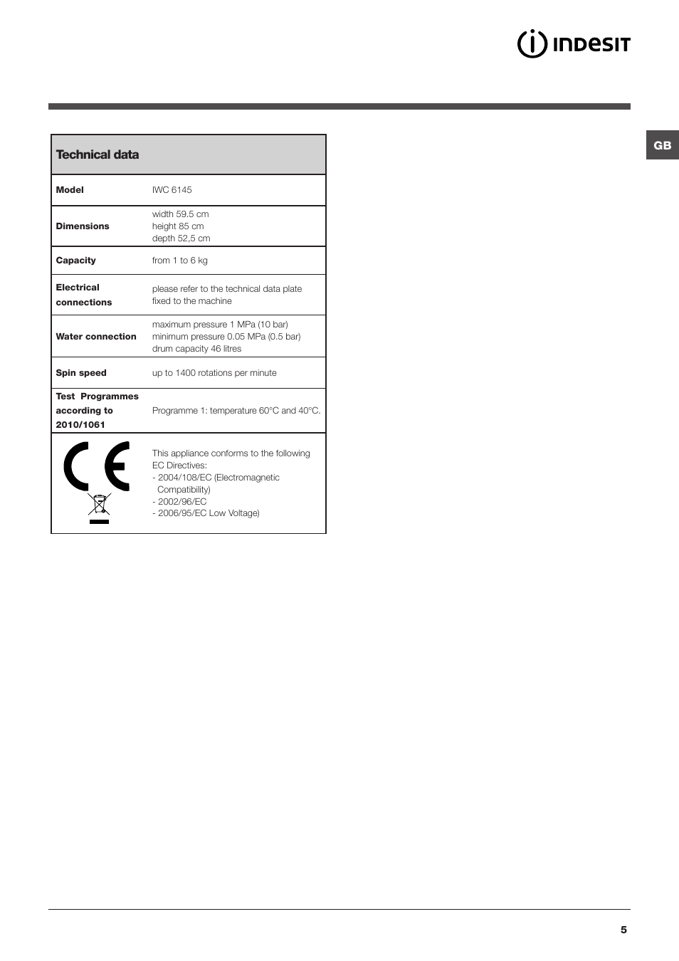 Technical data | Indesit IWC6145UKE User Manual | Page 5 / 16
