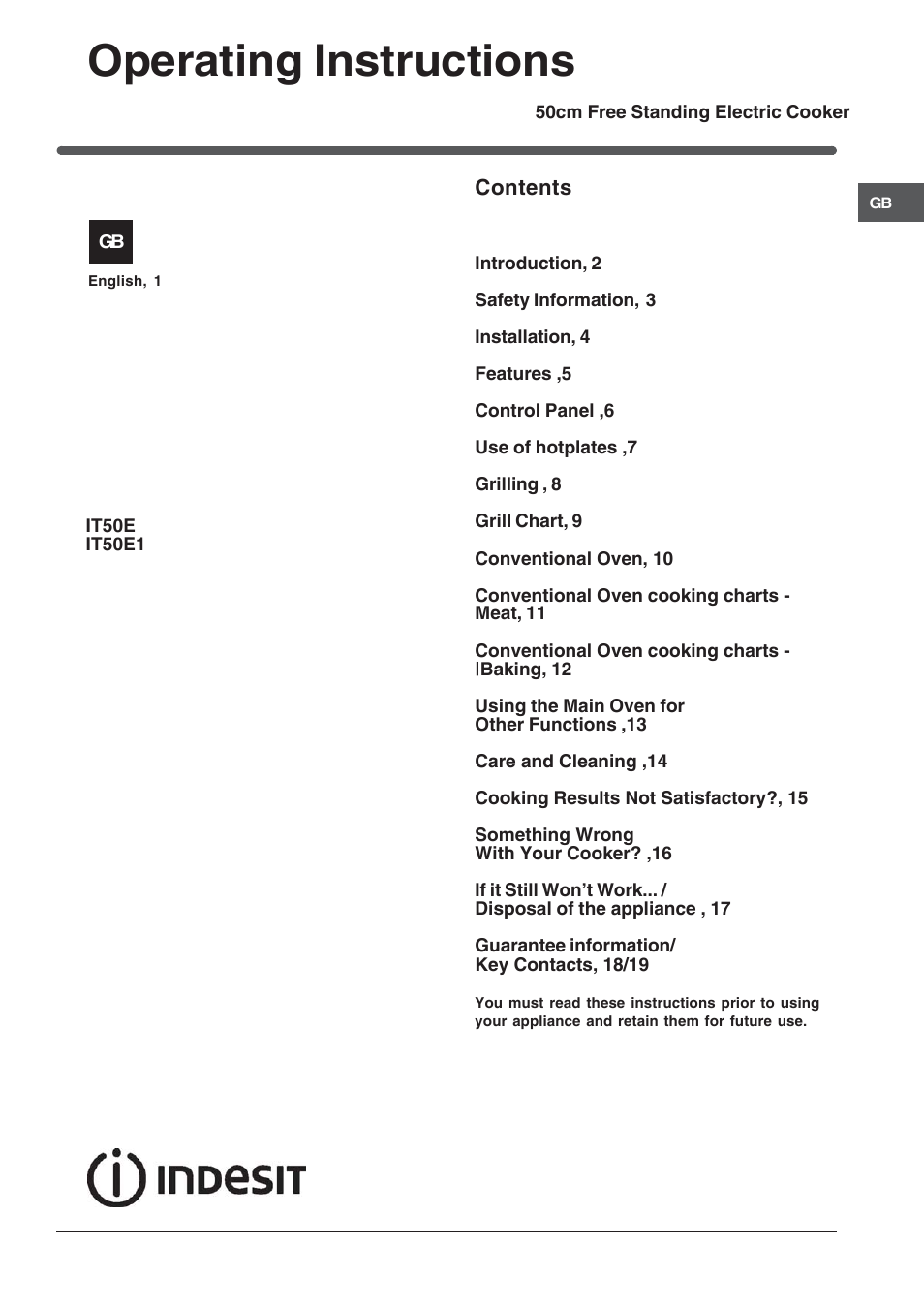 Indesit IT50EA User Manual | 20 pages