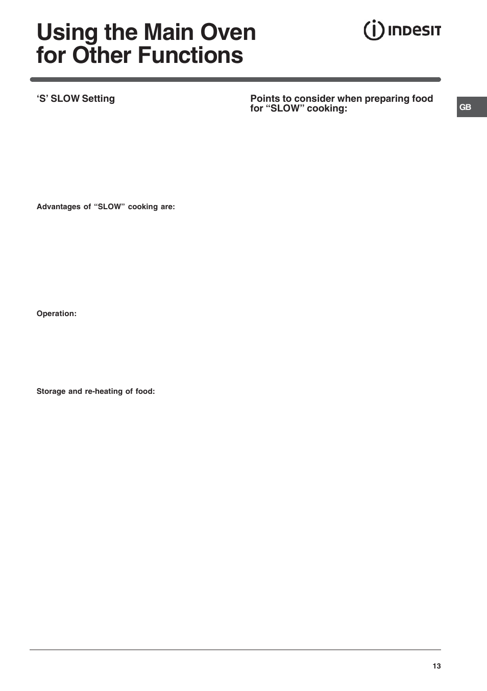 Using the main oven for other functions | Indesit IT50EA User Manual | Page 13 / 20