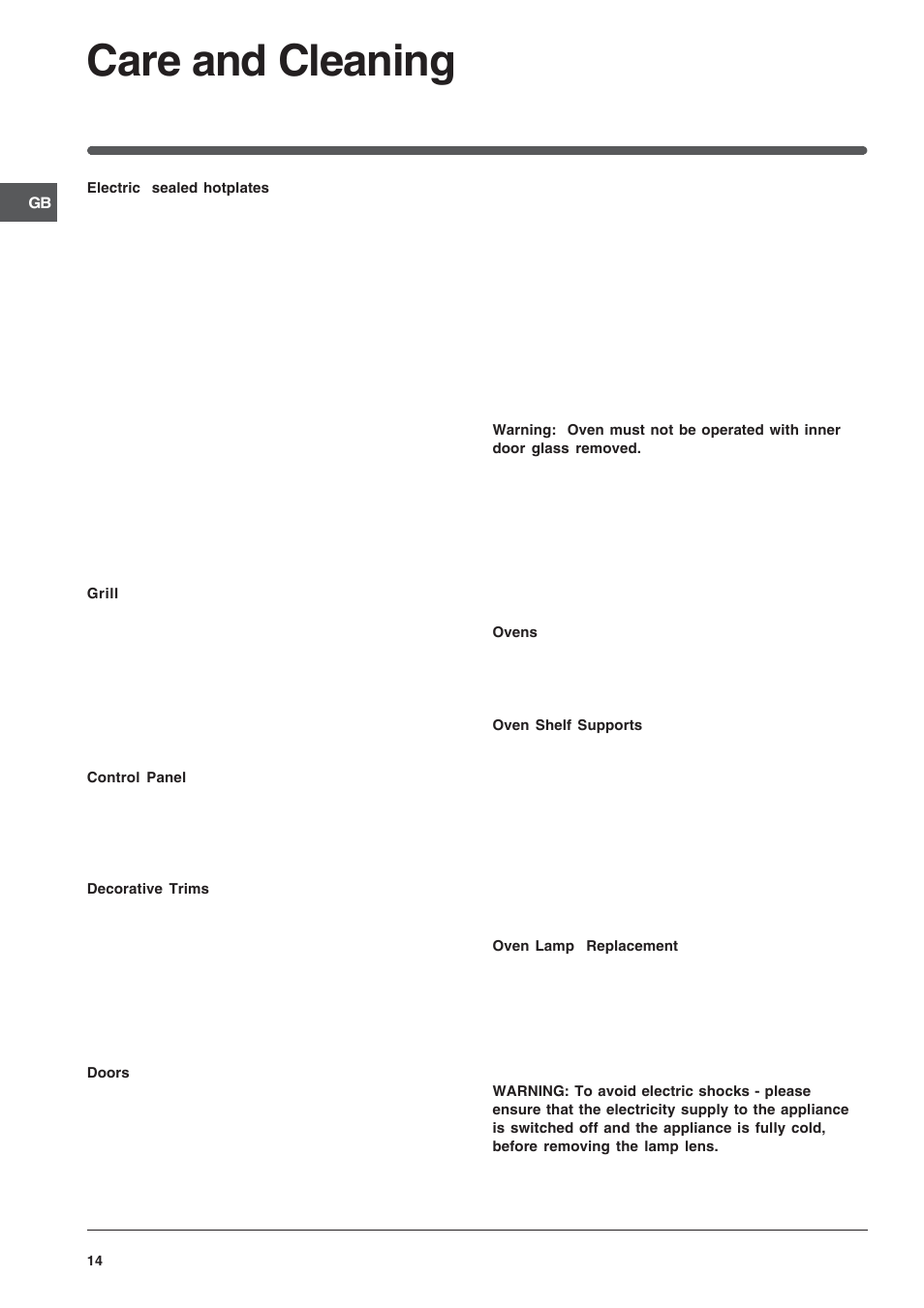 Care and cleaning | Indesit IT50EA User Manual | Page 14 / 20