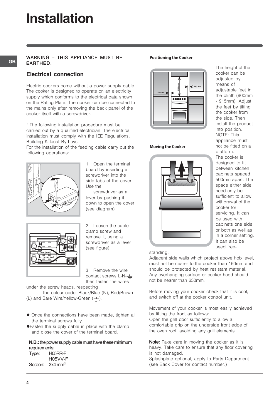 Installation, Electrical connection | Indesit IT50EA User Manual | Page 4 / 20
