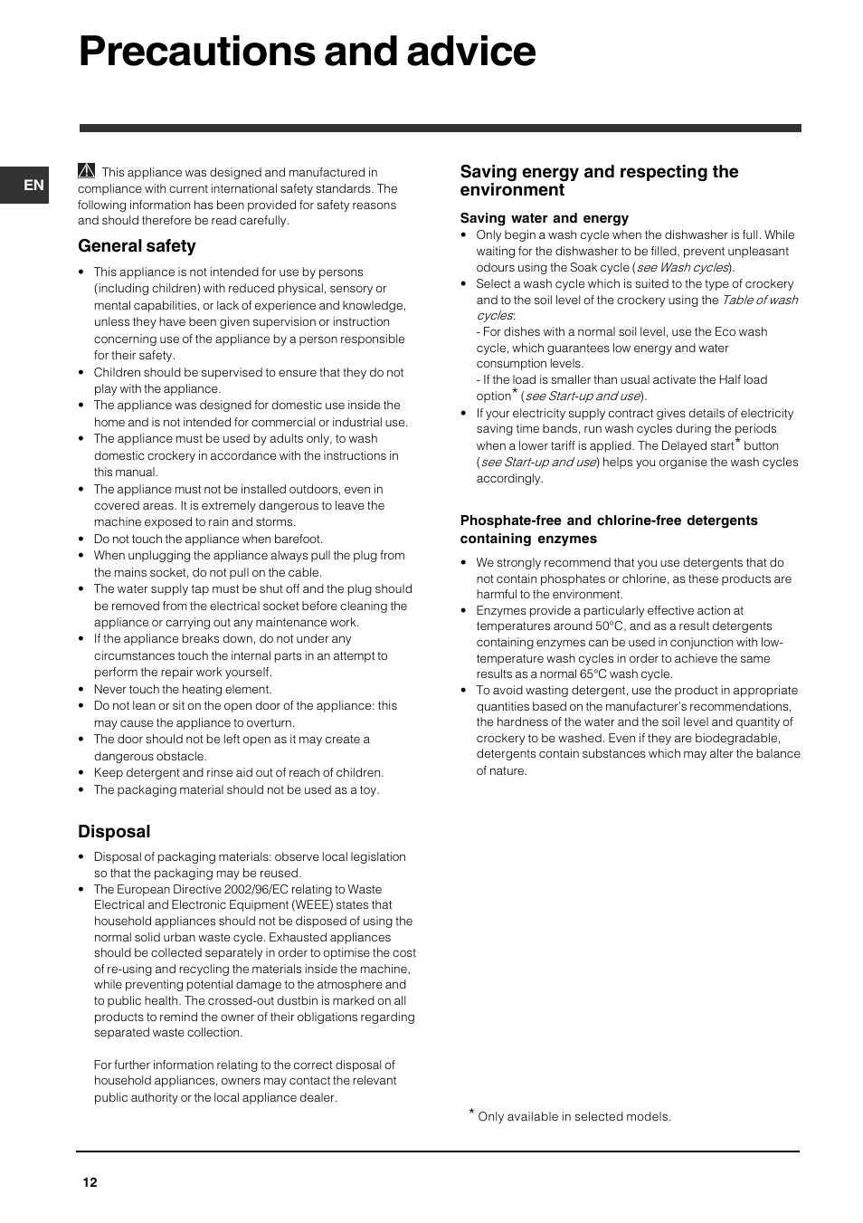 Precautions and advice, General safety, Disposal | Saving energy and respecting the environment | Indesit IDS573UK User Manual | Page 12 / 16