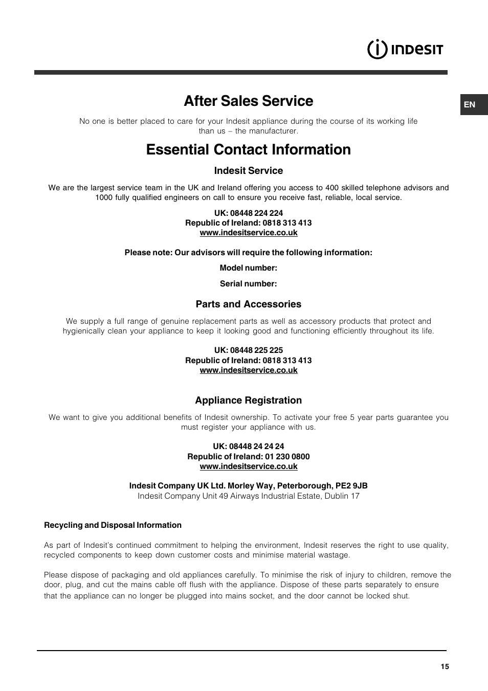 After sales service, Essential contact information | Indesit IDS573UK User Manual | Page 15 / 16
