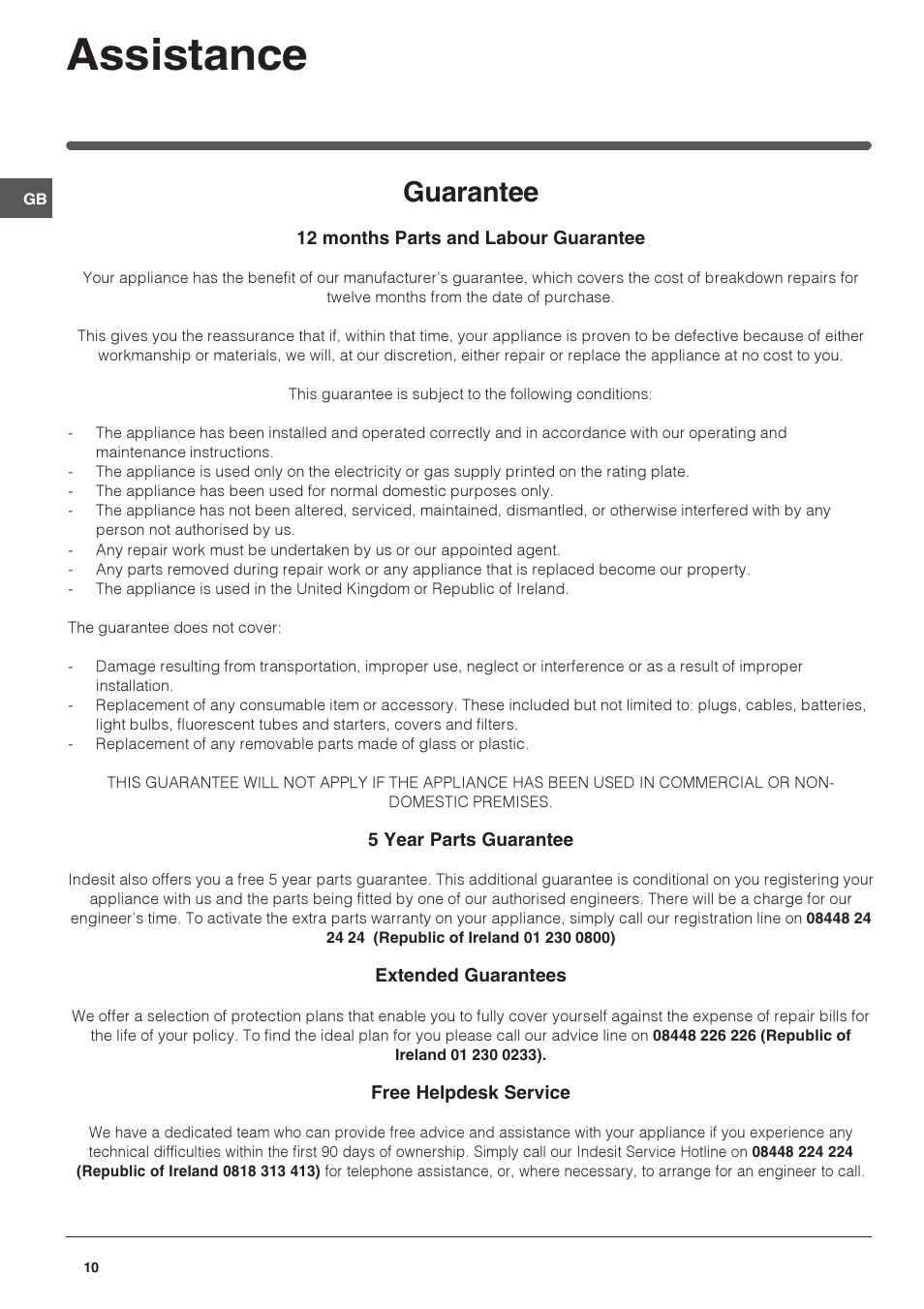 Assistance, Guarantee | Indesit TFA1SUK User Manual | Page 10 / 12