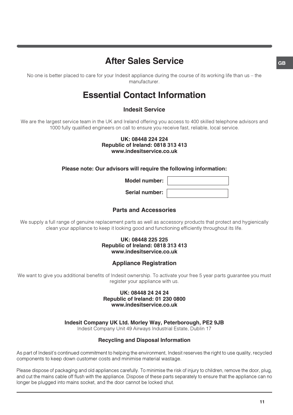 After sales service, Essential contact information | Indesit TFA1SUK User Manual | Page 11 / 12