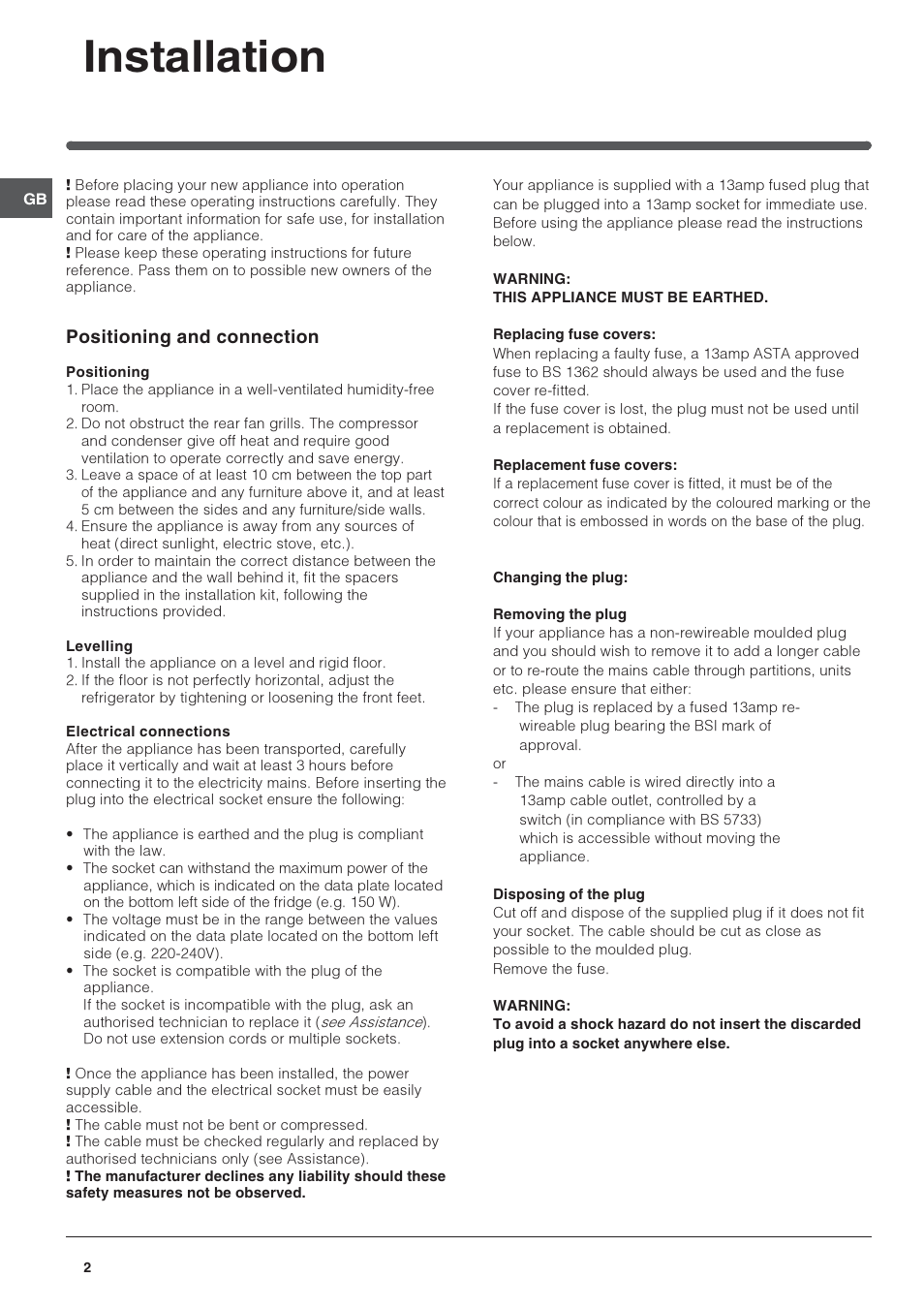 Installation, Positioning and connection | Indesit TFA1SUK User Manual | Page 2 / 12