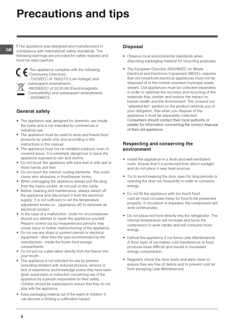 Precautions and tips, General safety, Disposal | Respecting and conserving the environment | Indesit TFA1SUK User Manual | Page 8 / 12