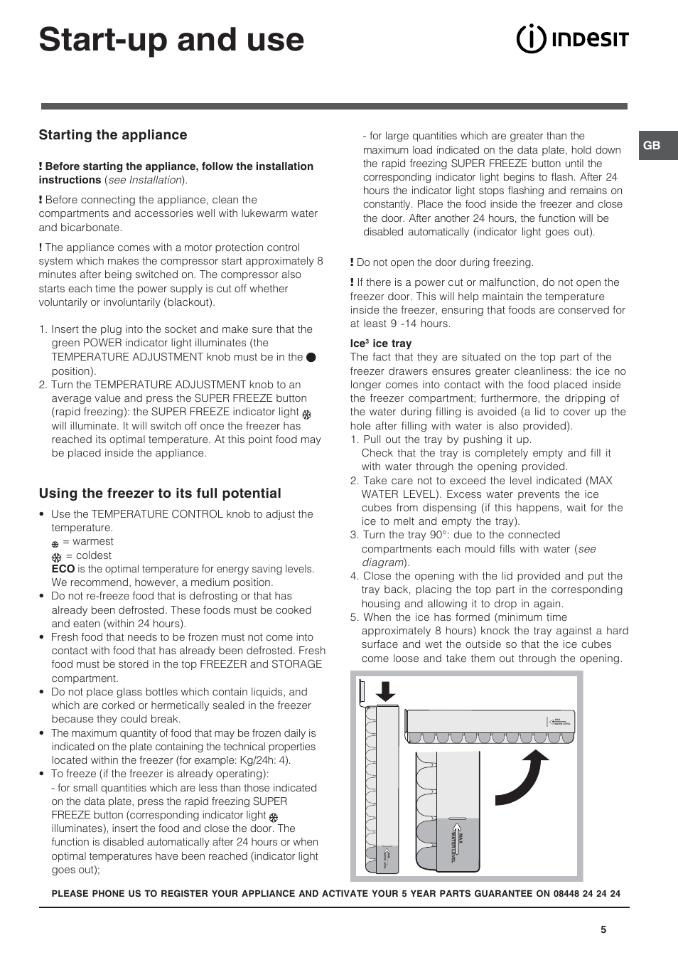 Start-up and use, Starting the appliance, Using the freezer to its full potential | Indesit UIAA12FUK User Manual | Page 5 / 12