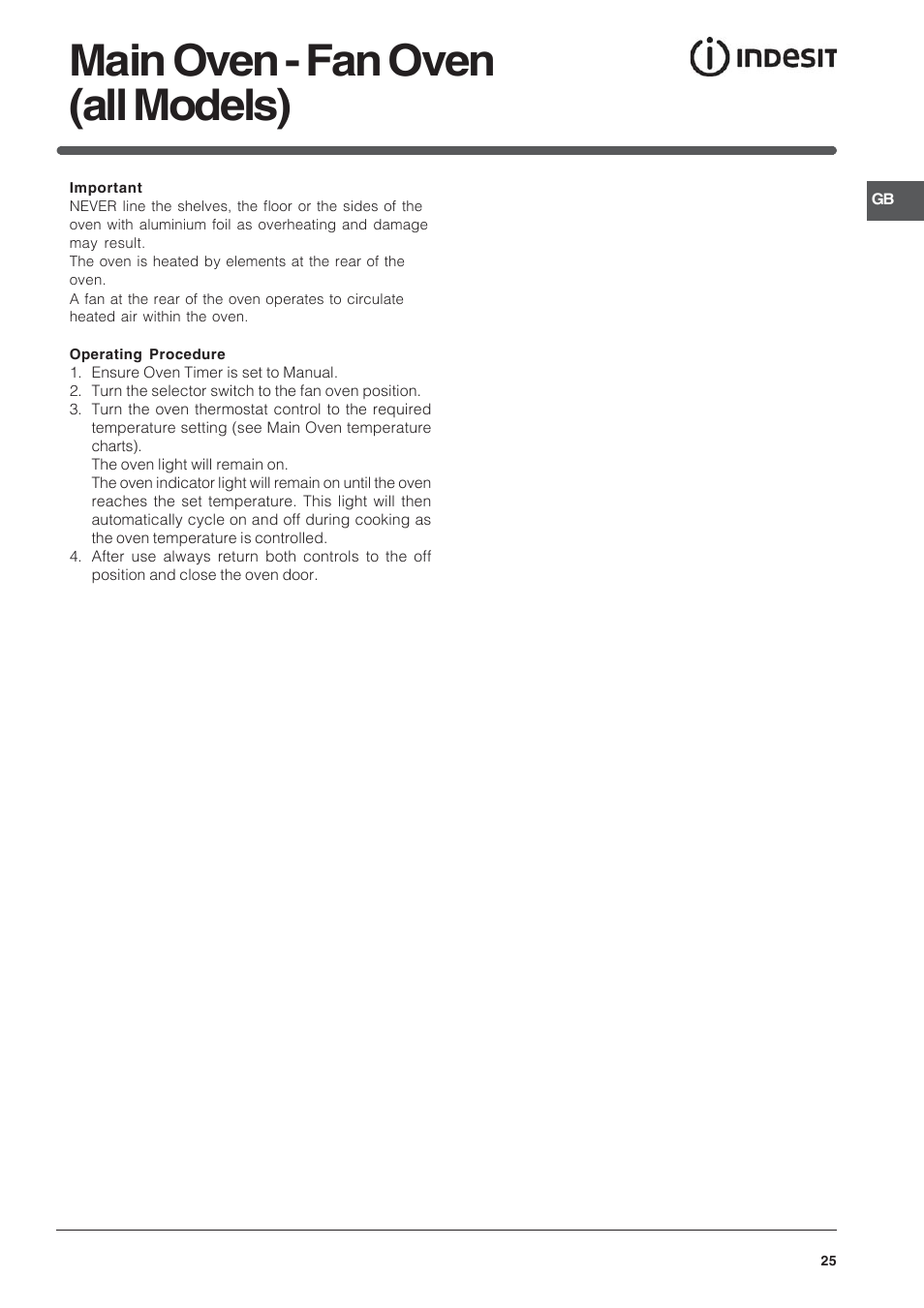 Main oven - fan oven (all models) | Indesit FIMD13IX User Manual | Page 25 / 40