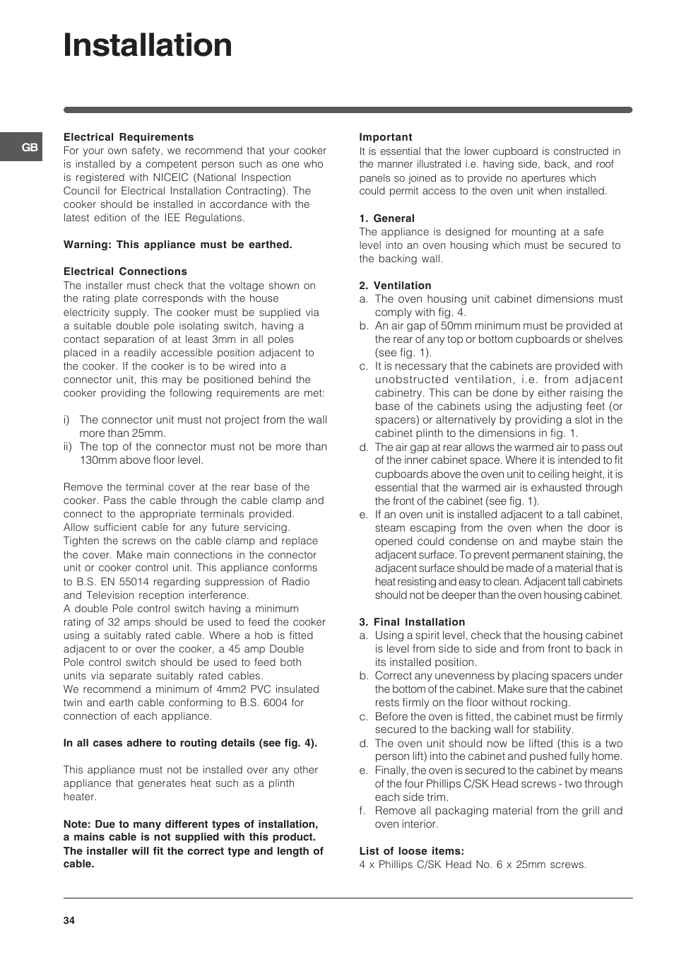 Installation | Indesit FIMD13IX User Manual | Page 34 / 40