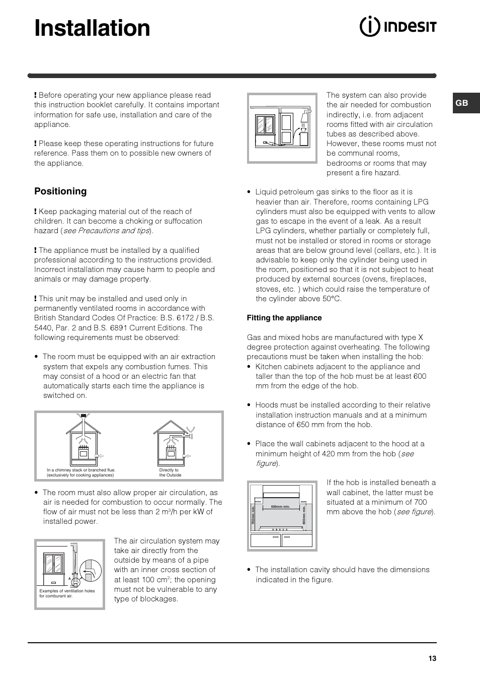 Installation, Positioning | Indesit PI740 AS User Manual | Page 13 / 56