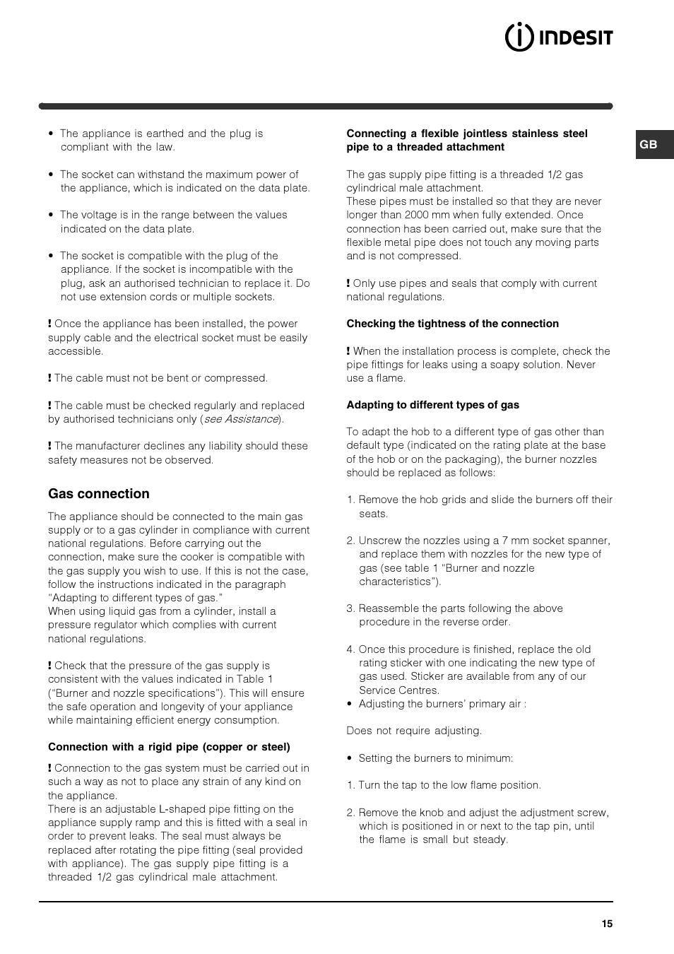 Gas connection | Indesit PI740 AS User Manual | Page 15 / 56