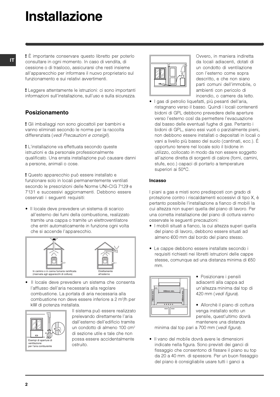 Installazione, Posizionamento | Indesit PI740 AS User Manual | Page 2 / 56