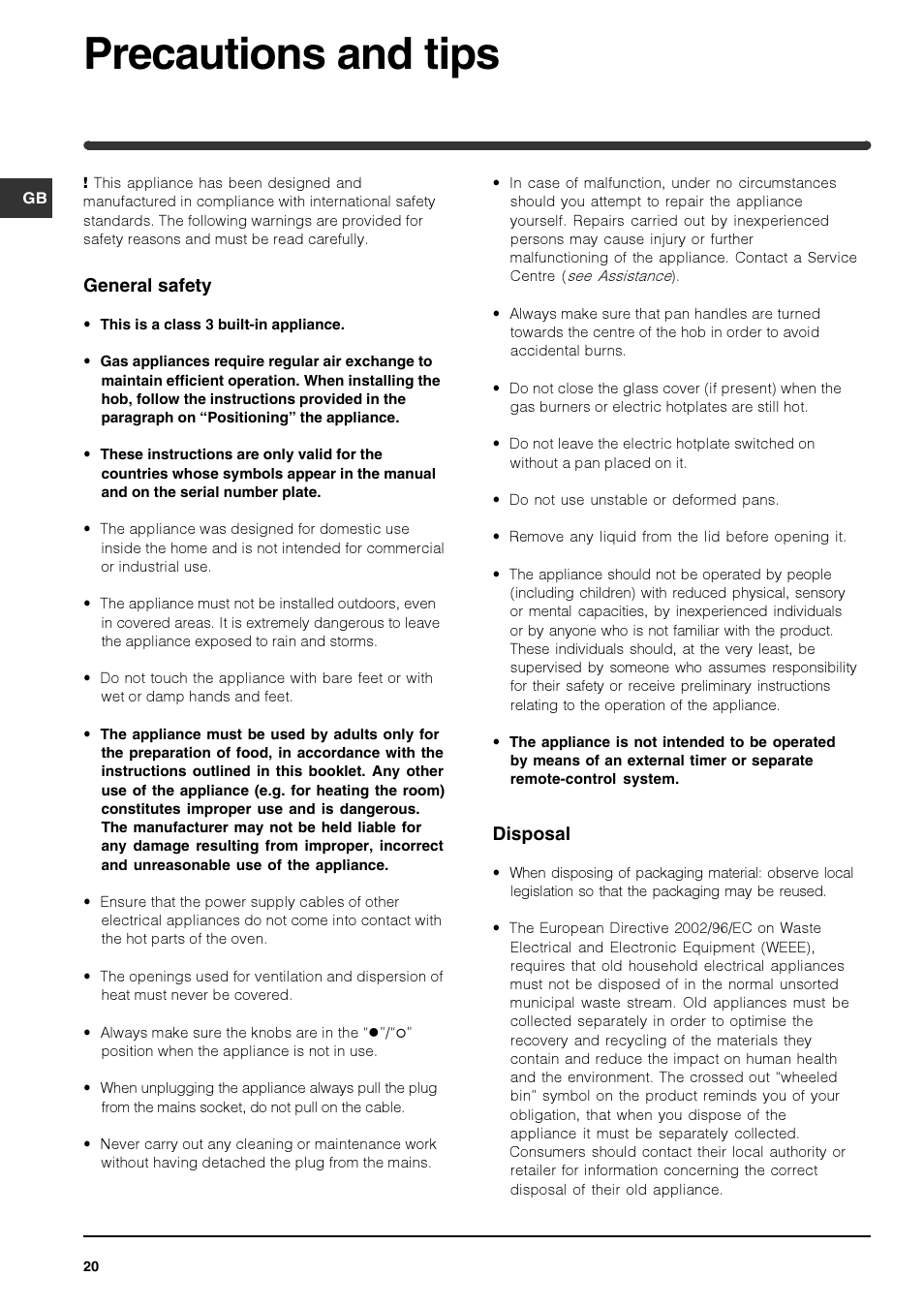 Precautions and tips | Indesit PI740 AS User Manual | Page 20 / 56