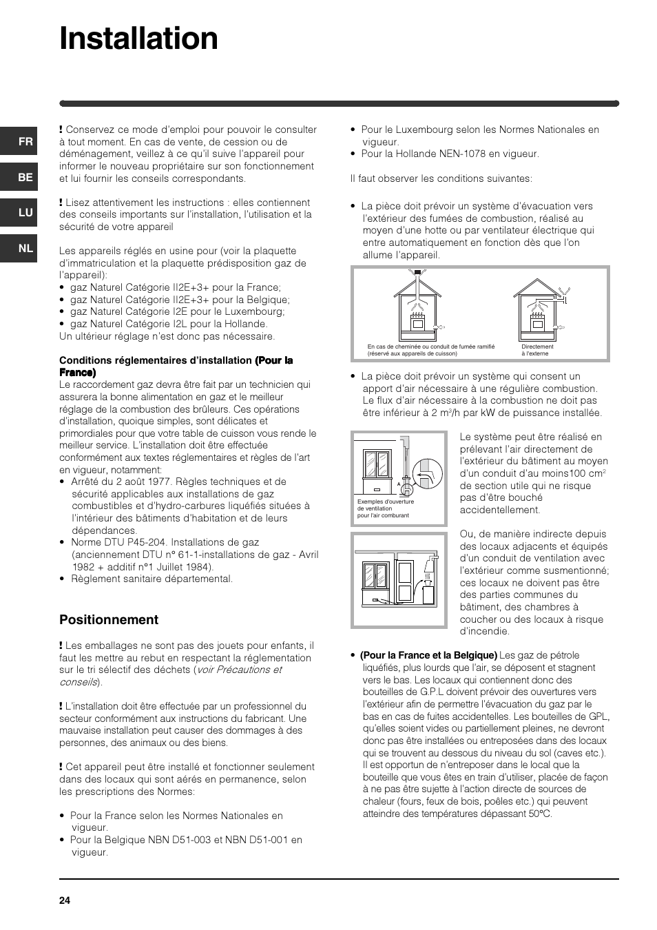 Installation, Positionnement | Indesit PI740 AS User Manual | Page 24 / 56
