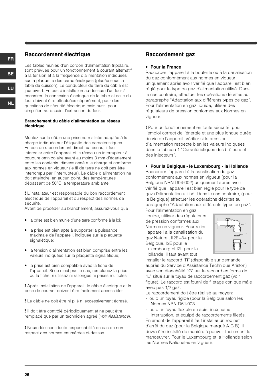 Raccordement électrique, Raccordement gaz | Indesit PI740 AS User Manual | Page 26 / 56