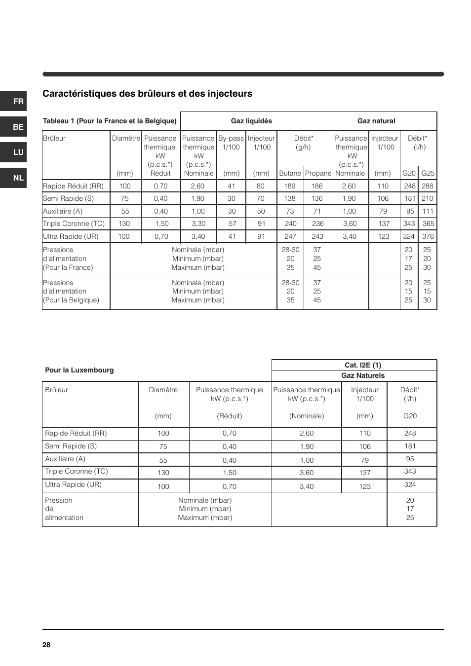 Caractéristiques des brûleurs et des injecteurs | Indesit PI740 AS User Manual | Page 28 / 56