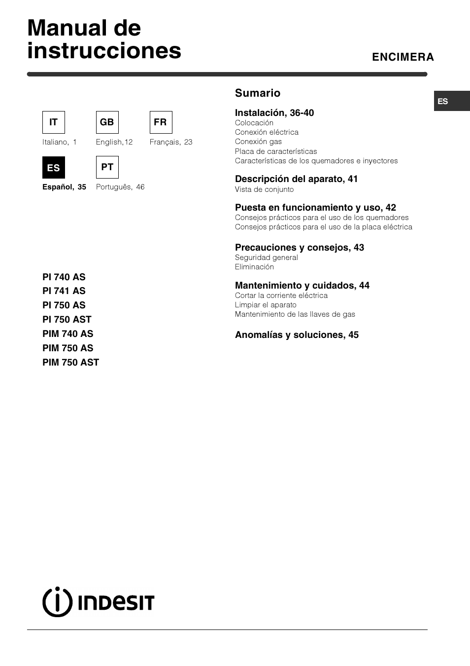 Manual de instrucciones | Indesit PI740 AS User Manual | Page 35 / 56