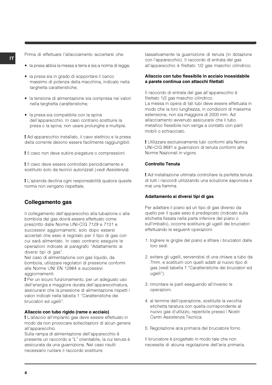 Collegamento gas | Indesit PI740 AS User Manual | Page 4 / 56