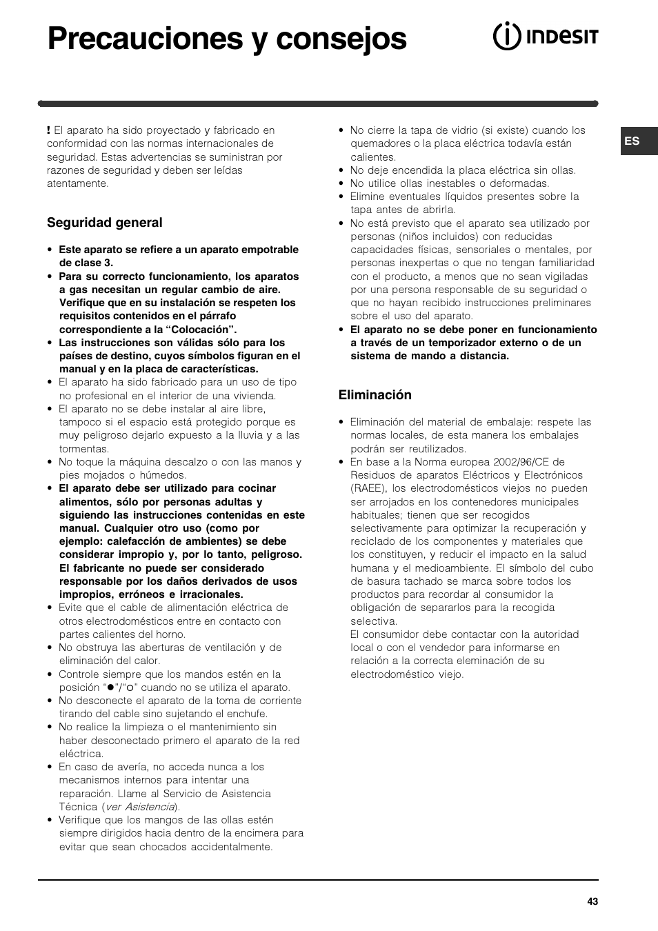 Precauciones y consejos | Indesit PI740 AS User Manual | Page 43 / 56