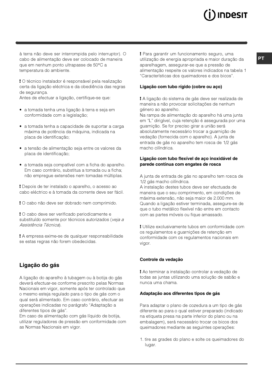 Ligação do gás | Indesit PI740 AS User Manual | Page 49 / 56