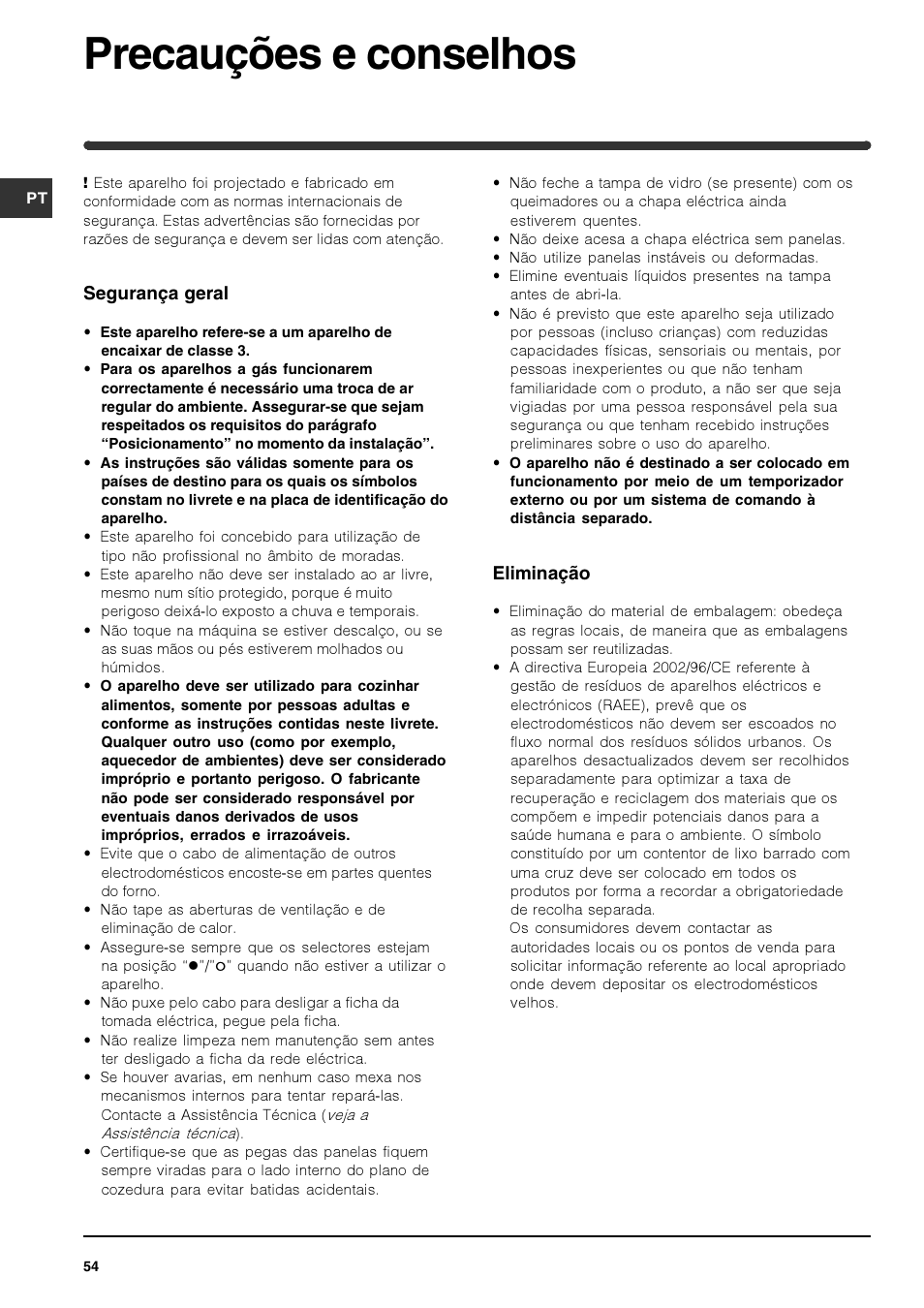 Precauções e conselhos | Indesit PI740 AS User Manual | Page 54 / 56
