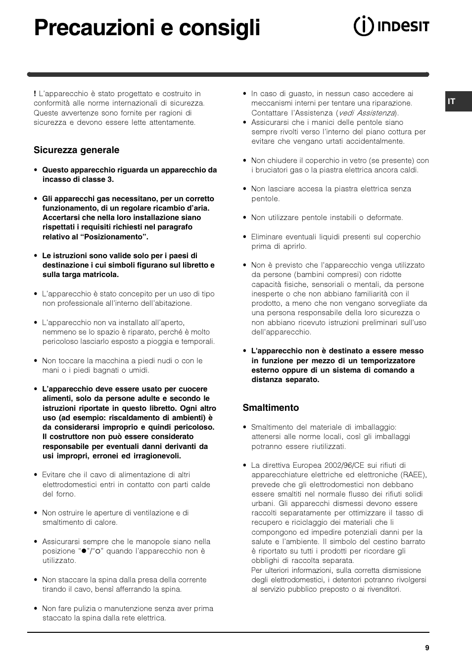 Precauzioni e consigli | Indesit PI740 AS User Manual | Page 9 / 56