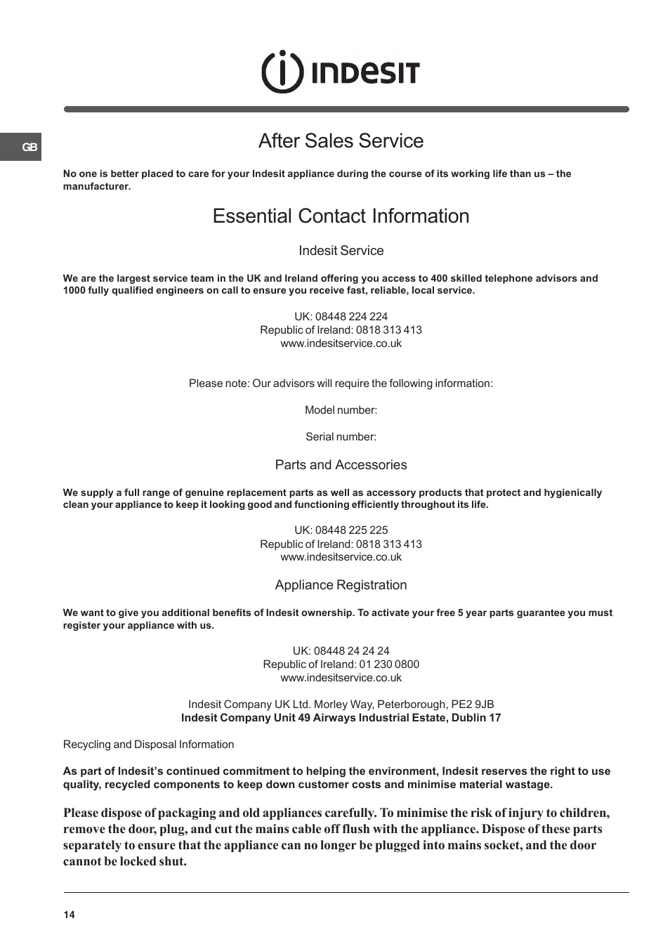 After sales service, Essential contact information | Indesit K3G2W-G User Manual | Page 14 / 16