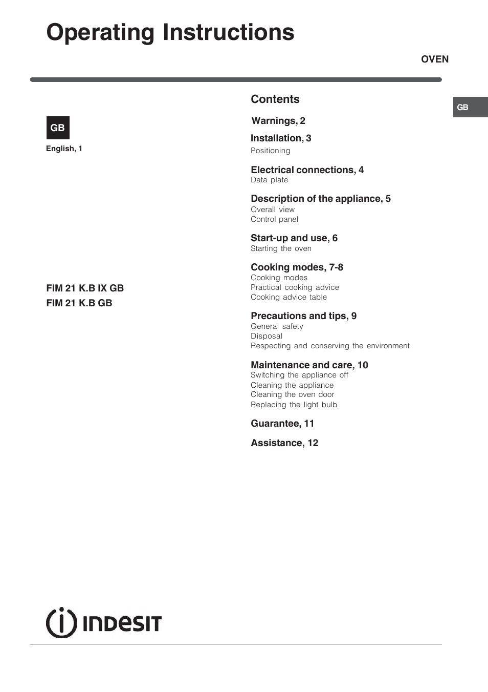 Indesit FIM21K-BWHGB from June 2012 User Manual | 12 pages