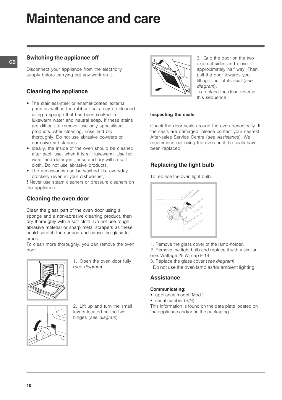 Maintenance and care | Indesit FIM21K-BWHGB from June 2012 User Manual | Page 10 / 12