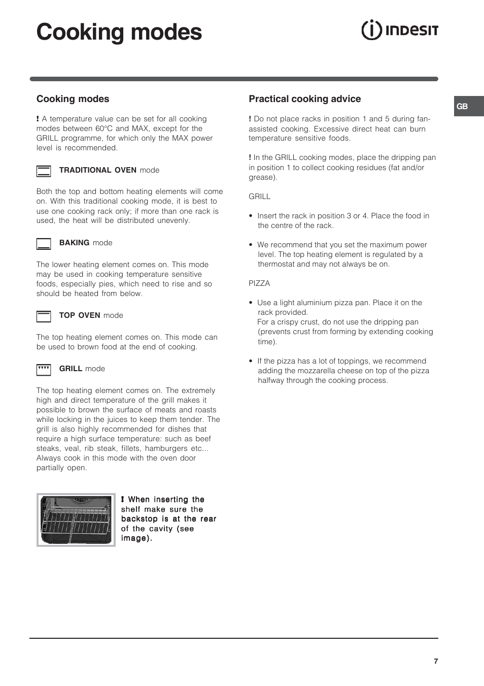 Cooking modes | Indesit FIM21K-BWHGB from June 2012 User Manual | Page 7 / 12