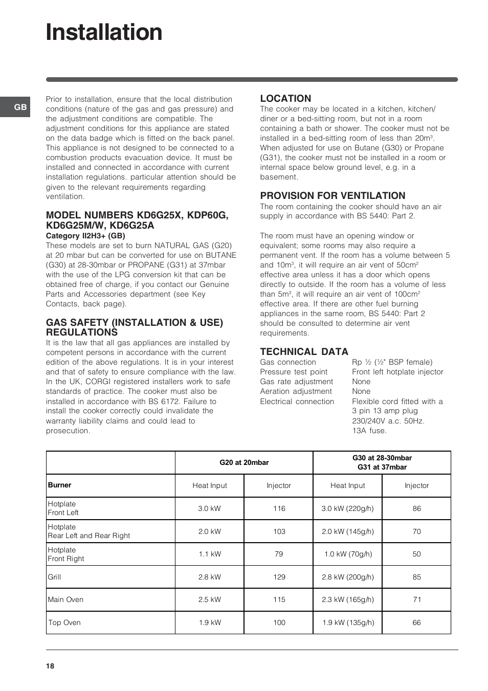 Installation, Gas safety (installation & use) regulations, Location | Provision for ventilation, Technical data | Indesit KD6G25A – after November 2007 User Manual | Page 18 / 24