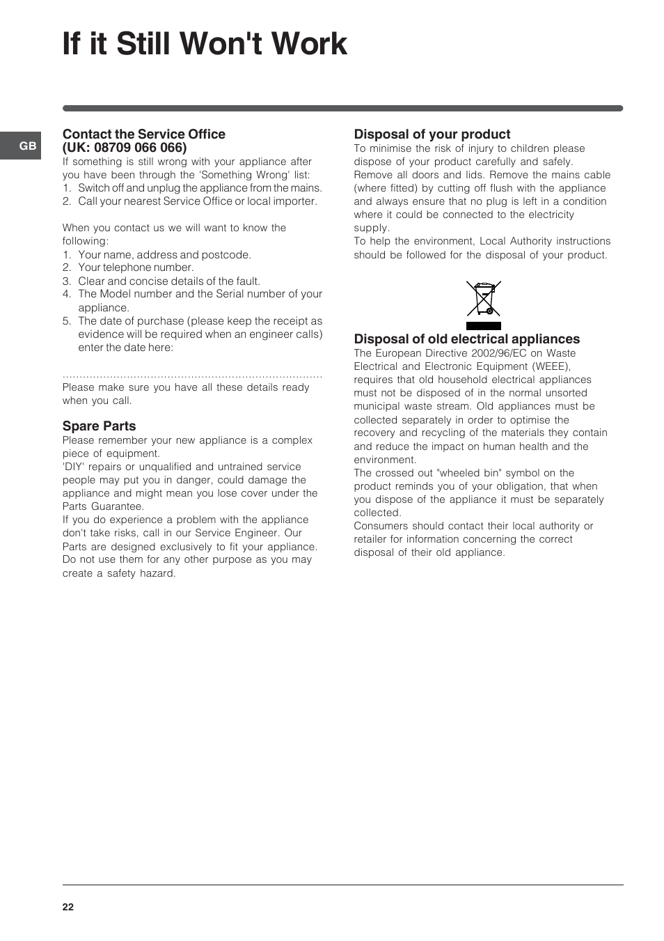If it still won't work | Indesit KD6G25A – after November 2007 User Manual | Page 22 / 24