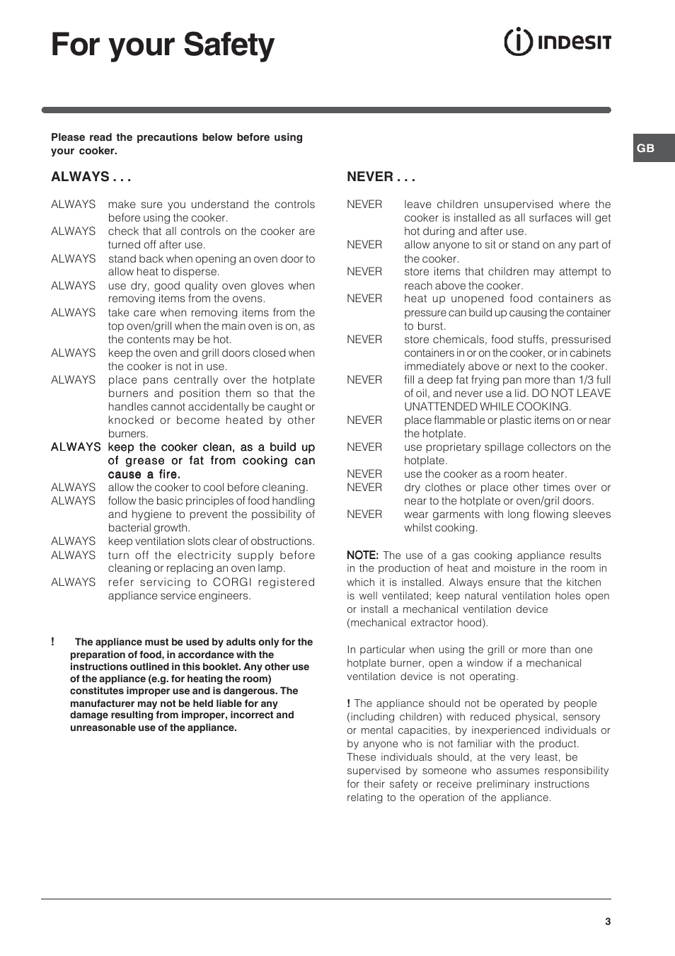 For your safety, Always, Never | Indesit KD6G25A – after November 2007 User Manual | Page 3 / 24