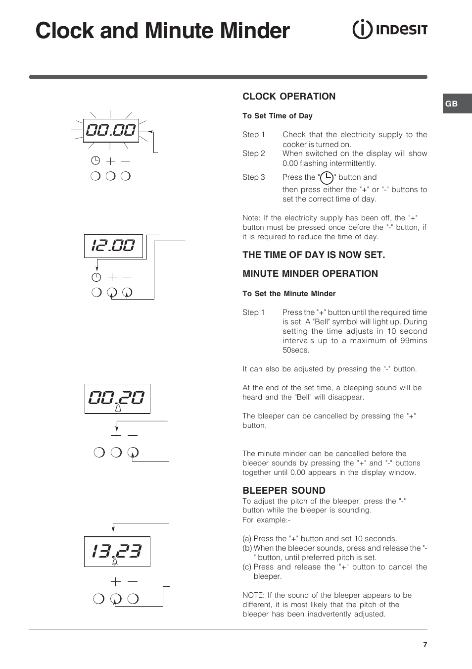Clock and minute minder | Indesit KD6G25A – after November 2007 User Manual | Page 7 / 24